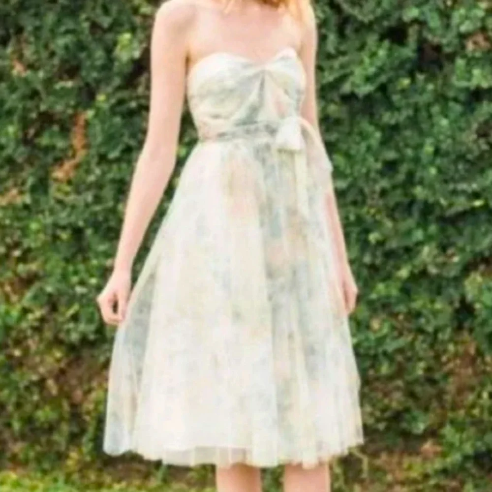 Jenny‎ Yoo Ivory Sage Maia Printed Tulle Sweetheart Strapless Dress Women Medium